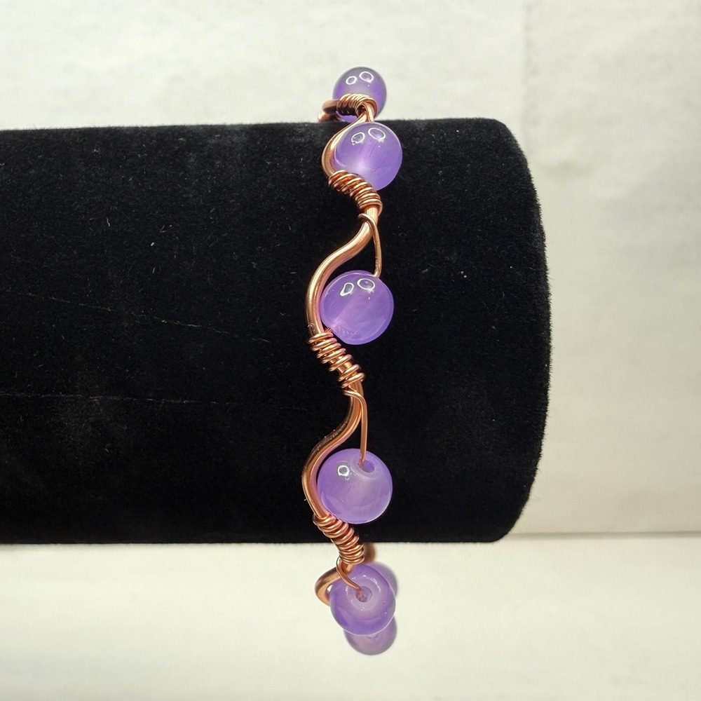 Artisan Purple Amethyst Agate Copper Wire Wrapped Bangle Bracelet Jewelry Sz 7